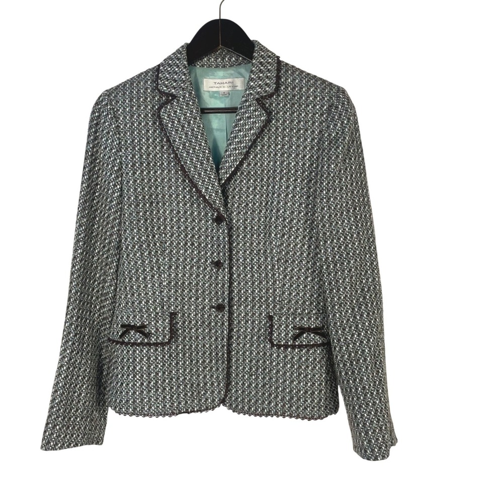 Tahari Arthur S. Levine Women's Tweed Blazer Jacket‎ 6  Black Teal Lace Trim